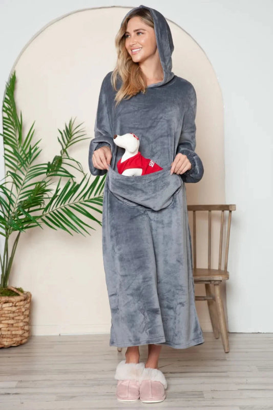 Double Take Full Size Pocketed Hooded Midi Lounge Dress - ShalayeFashion