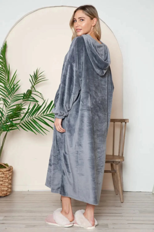Double Take Full Size Pocketed Hooded Midi Lounge Dress - ShalayeFashion