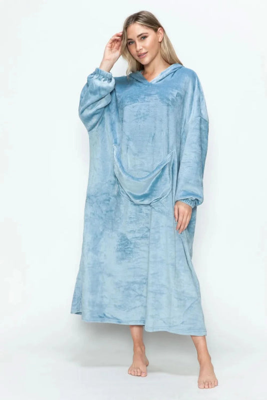 Double Take Full Size Pocketed Hooded Midi Lounge Dress - ShalayeFashion