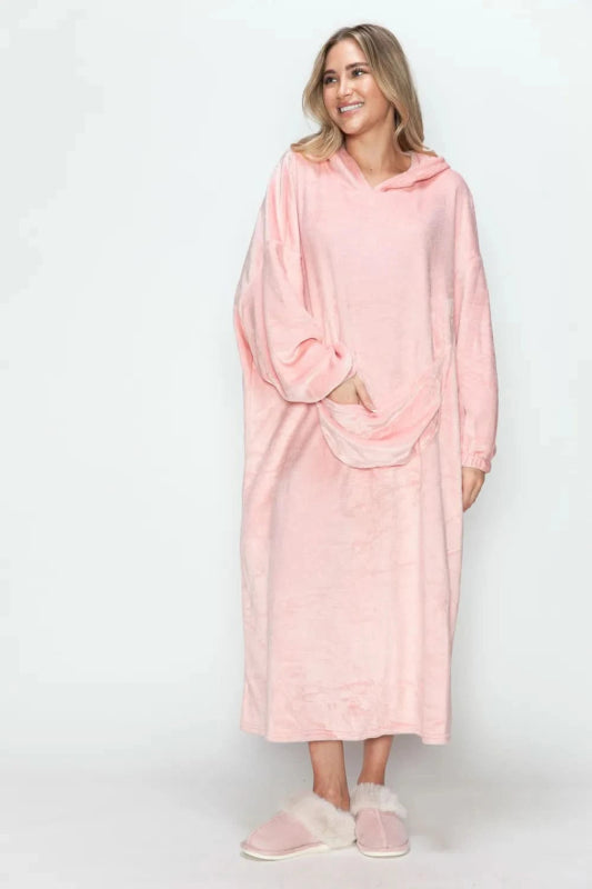 Double Take Full Size Pocketed Hooded Midi Lounge Dress - ShalayeFashion