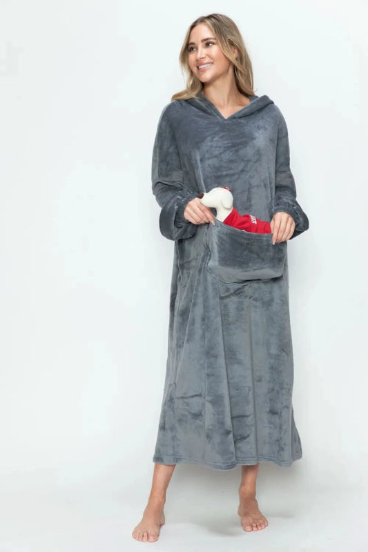 Double Take Full Size Pocketed Hooded Midi Lounge Dress - ShalayeFashion