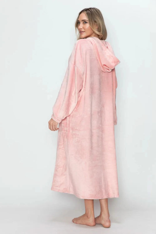 Double Take Full Size Pocketed Hooded Midi Lounge Dress - ShalayeFashion