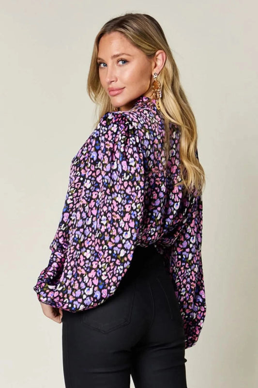 Double Take Full Size Printed Balloon Sleeve Shirt - ShalayeFashion