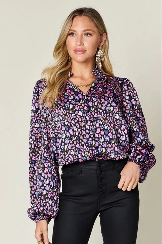 Double Take Full Size Printed Balloon Sleeve Shirt - ShalayeFashion
