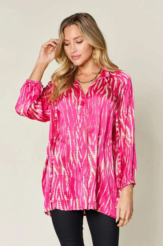 Double Take Full Size Printed Button Up Long Sleeve Shirt - ShalayeFashion