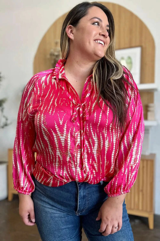 Double Take Full Size Printed Button Up Long Sleeve Shirt - ShalayeFashion