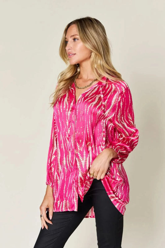 Double Take Full Size Printed Button Up Long Sleeve Shirt - ShalayeFashion