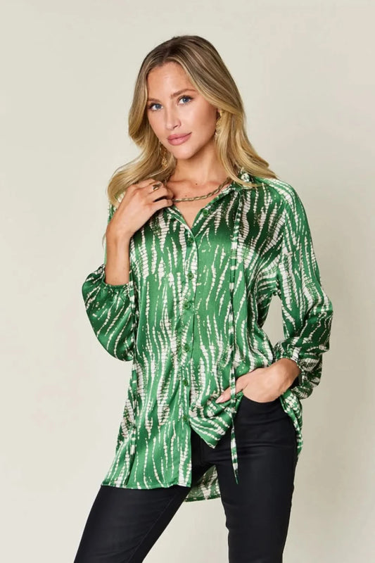 Double Take Full Size Printed Button Up Long Sleeve Shirt - ShalayeFashion