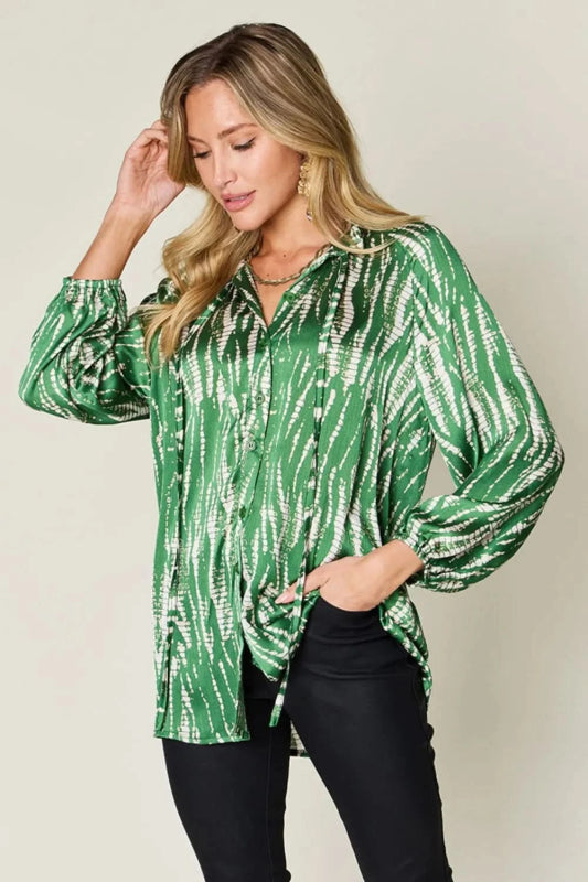 Double Take Full Size Printed Button Up Long Sleeve Shirt - ShalayeFashion