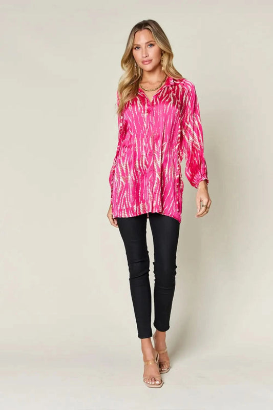 Double Take Full Size Printed Button Up Long Sleeve Shirt - ShalayeFashion