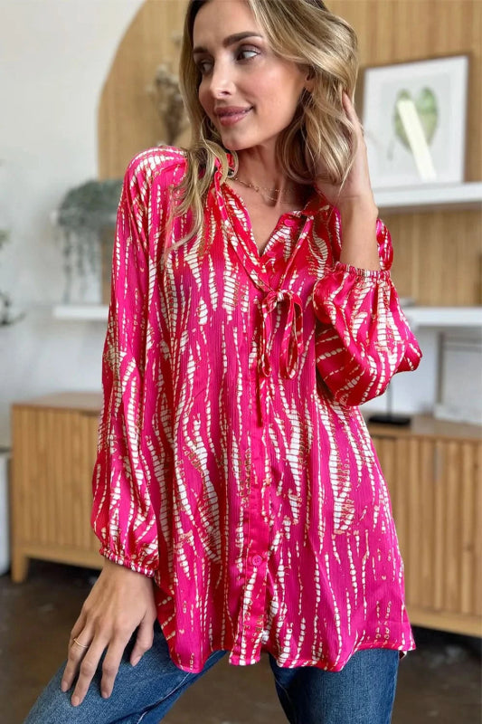 Double Take Full Size Printed Button Up Long Sleeve Shirt - ShalayeFashion