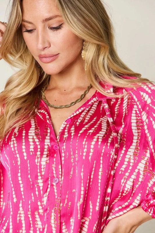 Double Take Full Size Printed Button Up Long Sleeve Shirt - ShalayeFashion