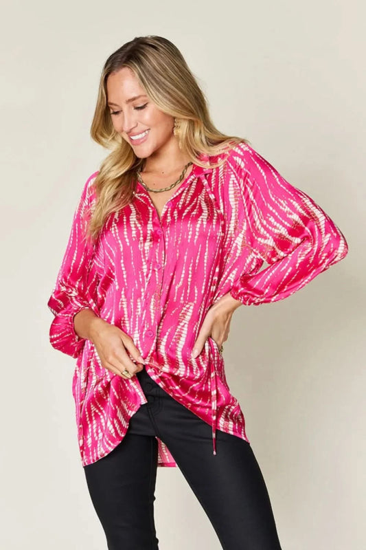 Double Take Full Size Printed Button Up Long Sleeve Shirt - ShalayeFashion