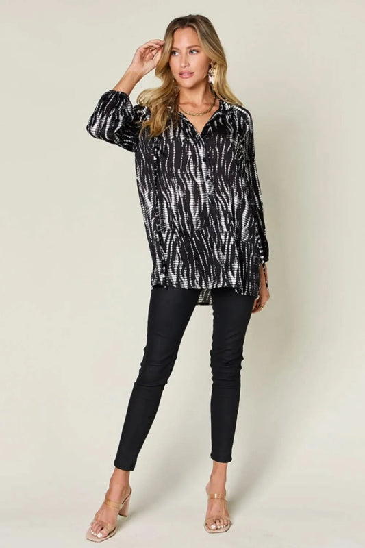 Double Take Full Size Printed Button Up Long Sleeve Shirt - ShalayeFashion