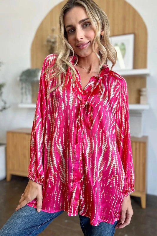 Double Take Full Size Printed Button Up Long Sleeve Shirt - ShalayeFashion