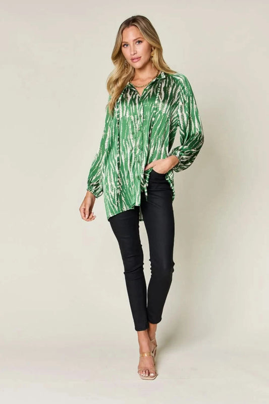 Double Take Full Size Printed Button Up Long Sleeve Shirt - ShalayeFashion