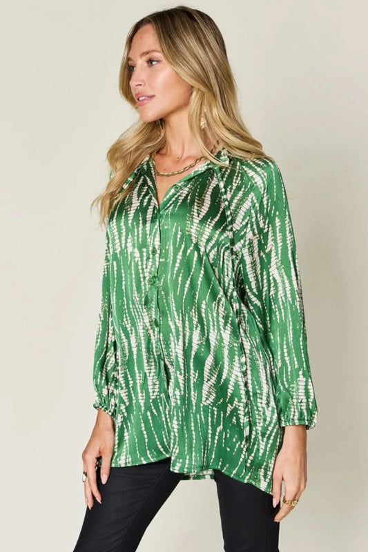 Double Take Full Size Printed Button Up Long Sleeve Shirt - ShalayeFashion