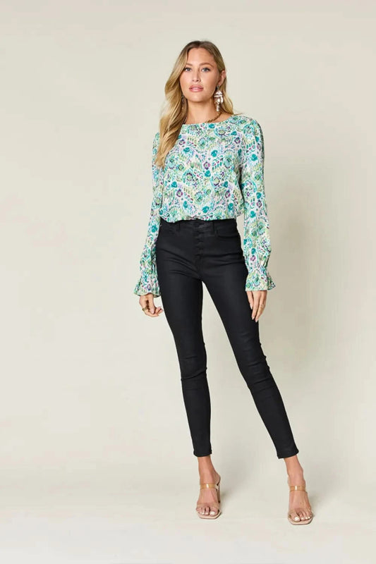 Double Take Full Size Printed Flounce Sleeve Blouse - ShalayeFashion
