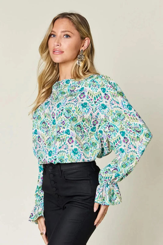 Double Take Full Size Printed Flounce Sleeve Blouse - ShalayeFashion