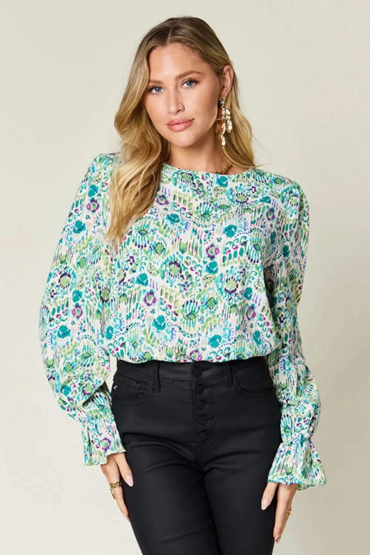 Double Take Full Size Printed Flounce Sleeve Blouse - ShalayeFashion