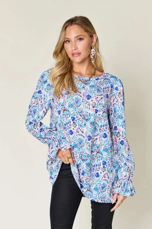 Double Take Full Size Printed Flounce Sleeve Blouse - ShalayeFashion