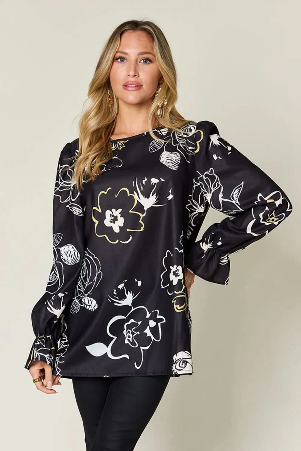 Double Take Full Size Printed Flounce Sleeve Blouse - ShalayeFashion