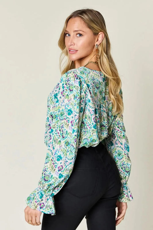 Double Take Full Size Printed Flounce Sleeve Blouse - ShalayeFashion
