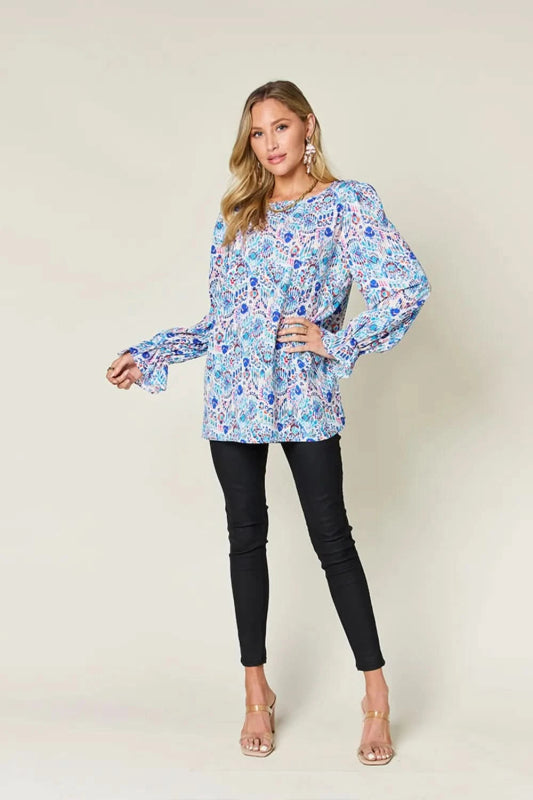Double Take Full Size Printed Flounce Sleeve Blouse - ShalayeFashion