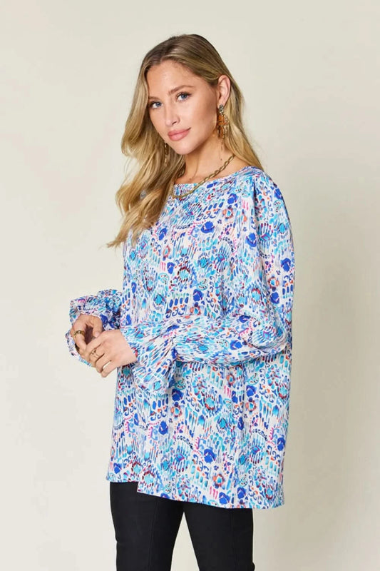 Double Take Full Size Printed Flounce Sleeve Blouse - ShalayeFashion