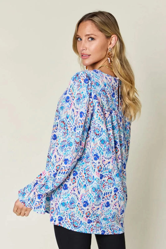 Double Take Full Size Printed Flounce Sleeve Blouse - ShalayeFashion
