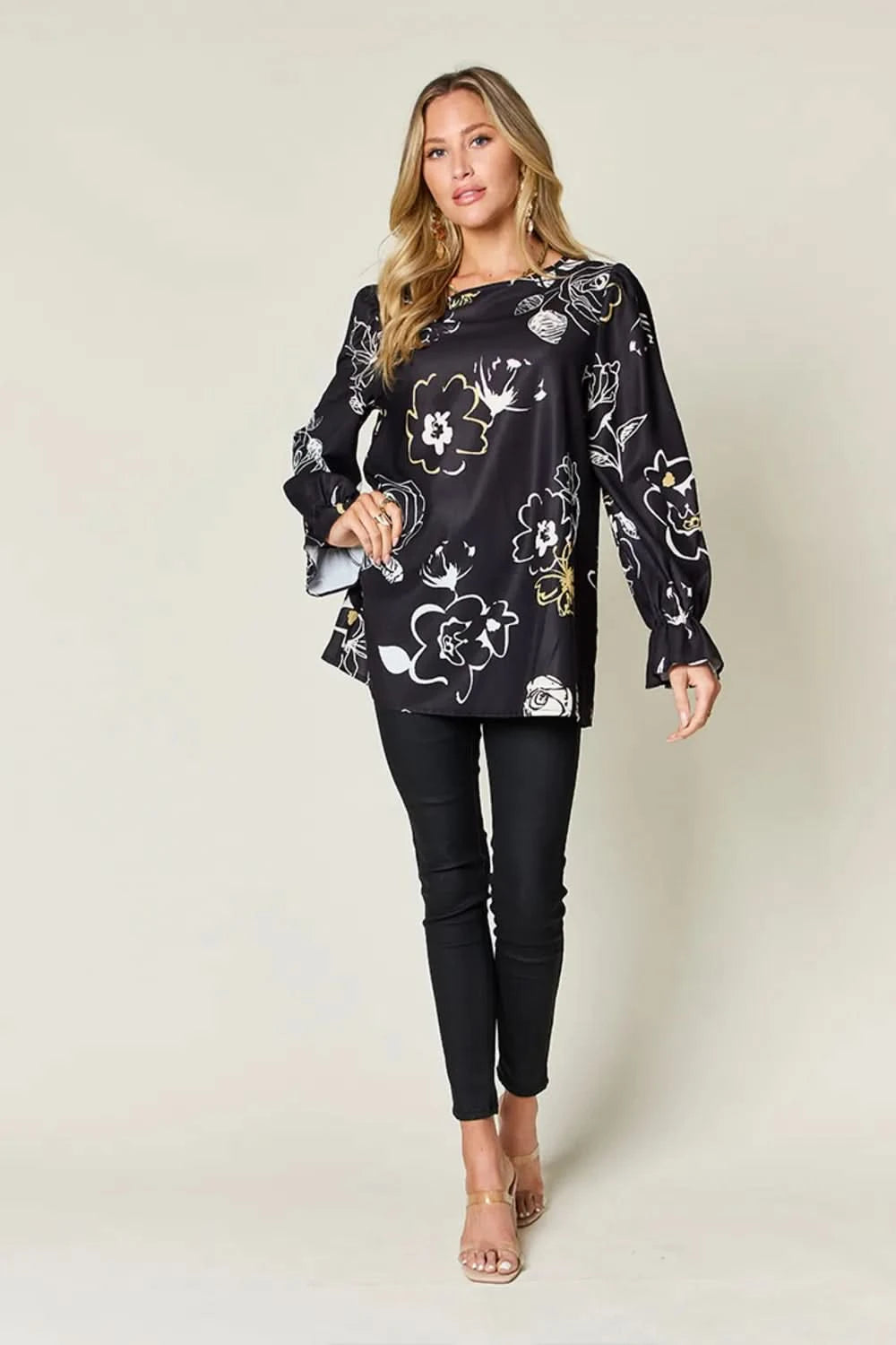 Double Take Full Size Printed Flounce Sleeve Blouse - ShalayeFashion