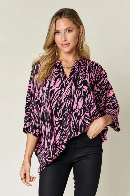 Double Take Full Size Printed Notched Three - Quarter Sleeve Blouse - ShalayeFashion