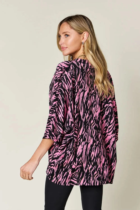 Double Take Full Size Printed Notched Three - Quarter Sleeve Blouse - ShalayeFashion