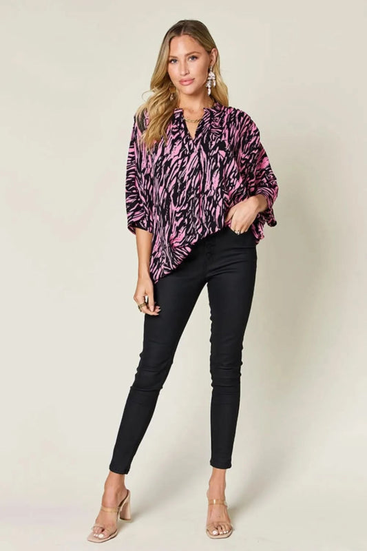 Double Take Full Size Printed Notched Three - Quarter Sleeve Blouse - ShalayeFashion