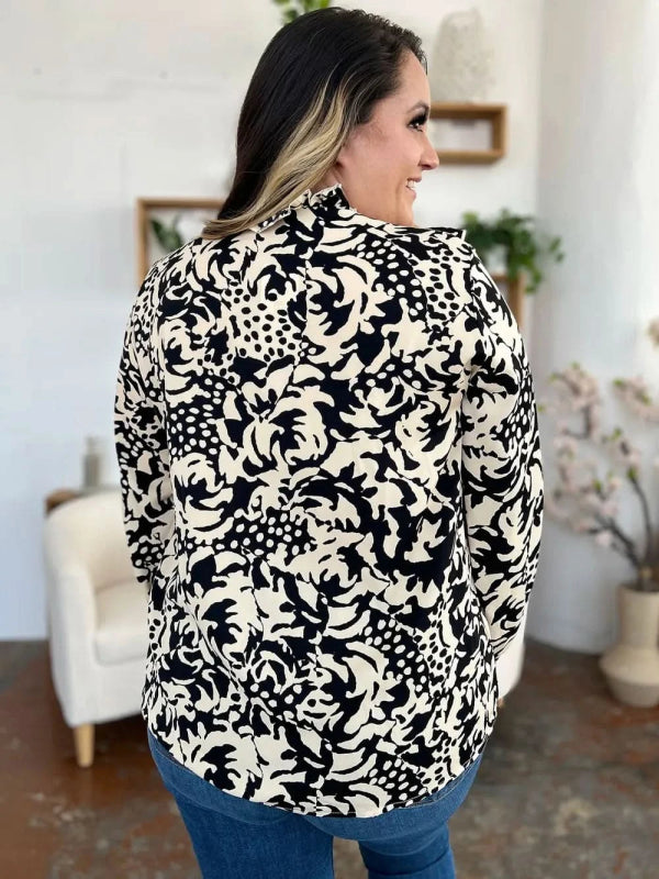 Double Take Full Size Printed Ruffle Trim Balloon Sleeve Shirt - ShalayeFashion