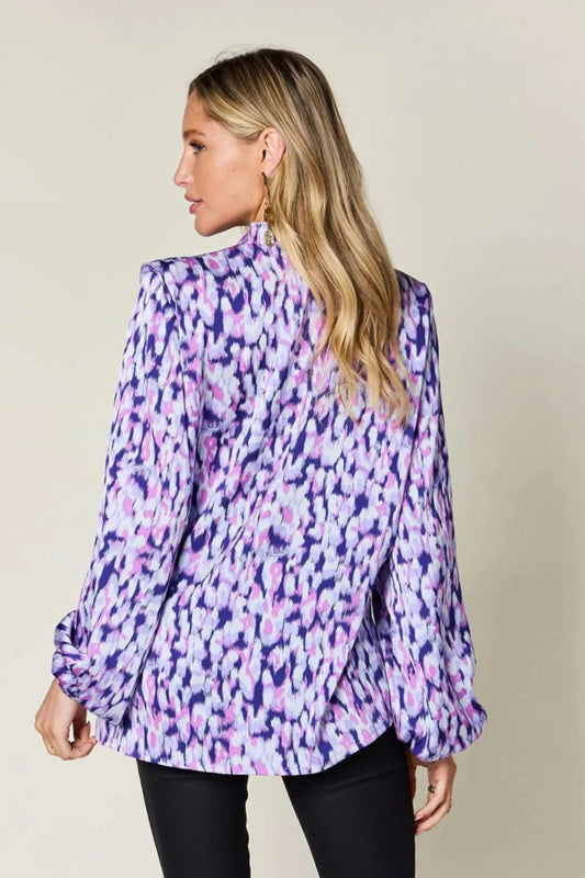 Double Take Full Size Printed Ruffle Trim Balloon Sleeve Shirt - ShalayeFashion