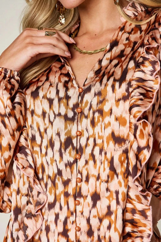 Double Take Full Size Printed Ruffle Trim Balloon Sleeve Shirt - ShalayeFashion