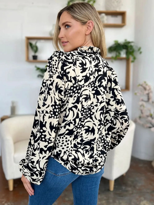 Double Take Full Size Printed Ruffle Trim Balloon Sleeve Shirt - ShalayeFashion