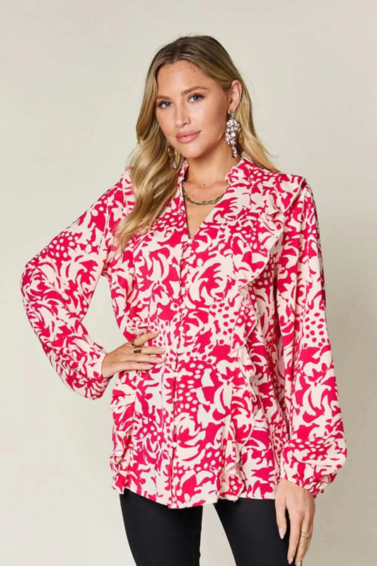 Double Take Full Size Printed Ruffle Trim Balloon Sleeve Shirt - ShalayeFashion