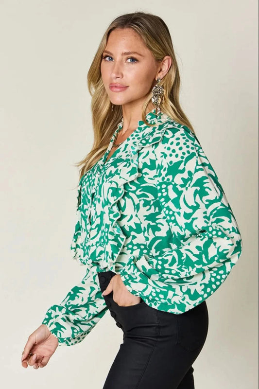 Double Take Full Size Printed Ruffle Trim Balloon Sleeve Shirt - ShalayeFashion