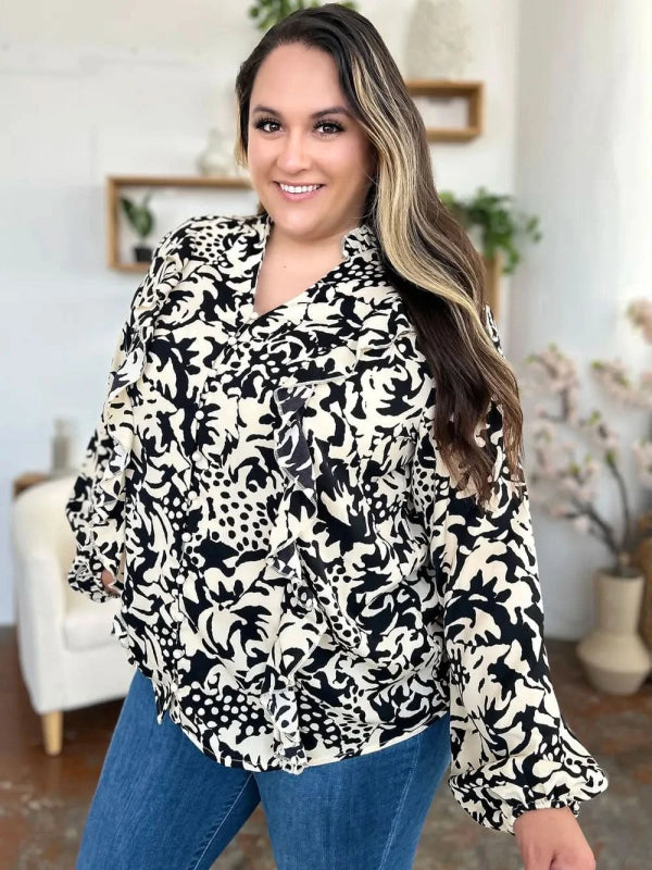 Double Take Full Size Printed Ruffle Trim Balloon Sleeve Shirt - ShalayeFashion