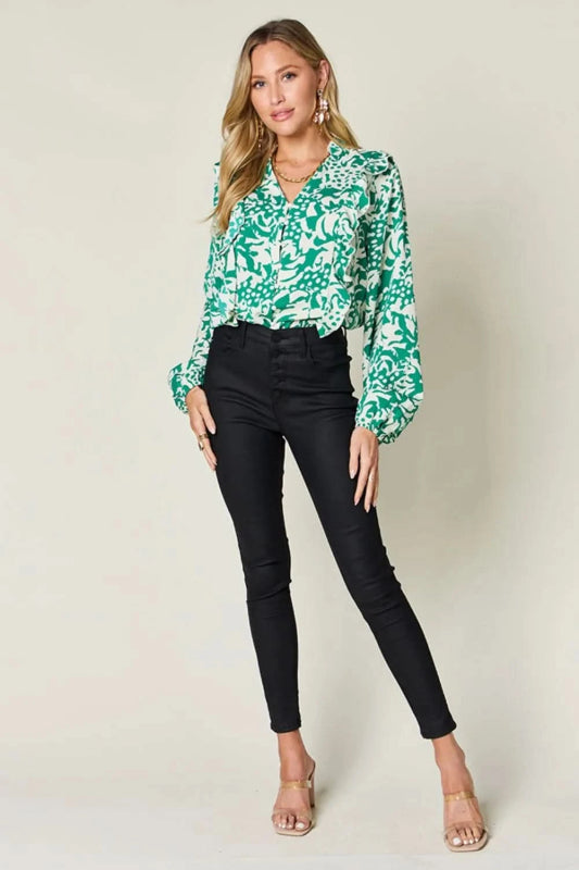 Double Take Full Size Printed Ruffle Trim Balloon Sleeve Shirt - ShalayeFashion
