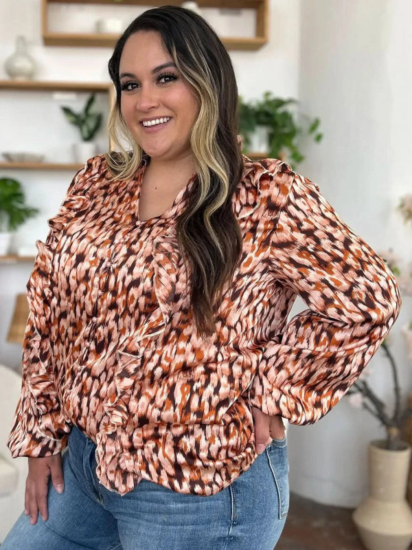 Double Take Full Size Printed Ruffle Trim Balloon Sleeve Shirt - ShalayeFashion