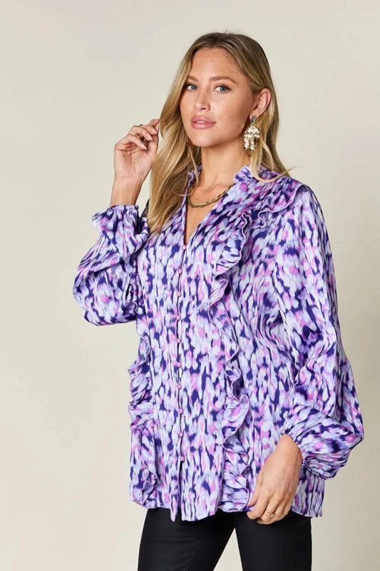 Double Take Full Size Printed Ruffle Trim Balloon Sleeve Shirt - ShalayeFashion