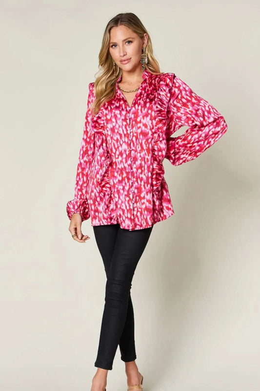 Double Take Full Size Printed Ruffle Trim Balloon Sleeve Shirt - ShalayeFashion