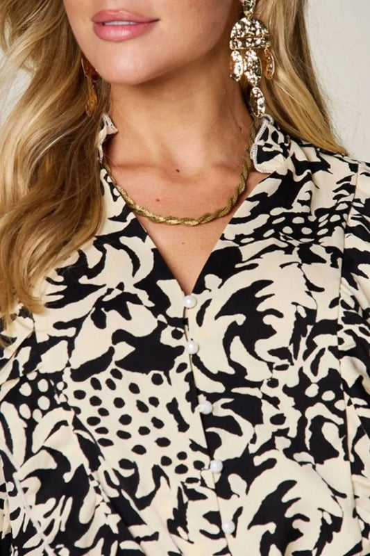 Double Take Full Size Printed Ruffle Trim Balloon Sleeve Shirt - ShalayeFashion