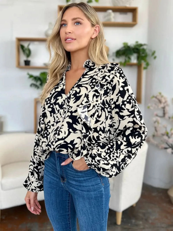 Double Take Full Size Printed Ruffle Trim Balloon Sleeve Shirt - ShalayeFashion
