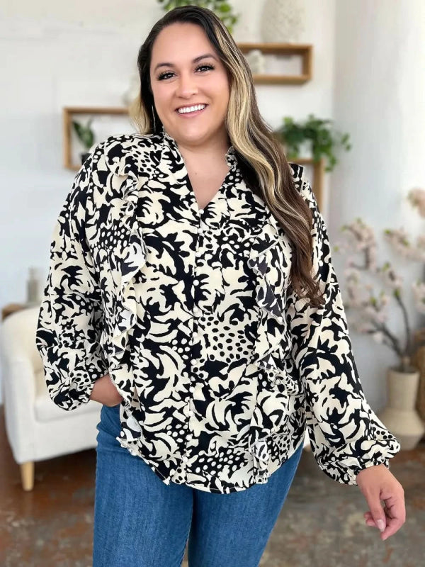 Double Take Full Size Printed Ruffle Trim Balloon Sleeve Shirt - ShalayeFashion