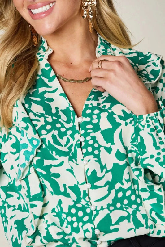 Double Take Full Size Printed Ruffle Trim Balloon Sleeve Shirt - ShalayeFashion