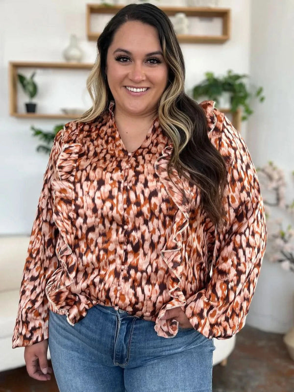 Double Take Full Size Printed Ruffle Trim Balloon Sleeve Shirt - ShalayeFashion